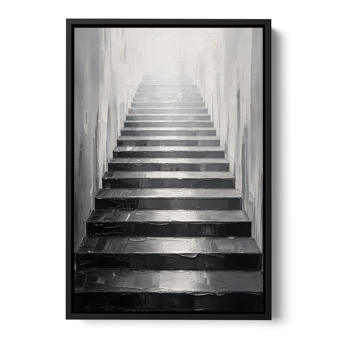 Tall Narrow Wall Art of Stairs Into White Light - Black Framed Canvas Wall Art - Front