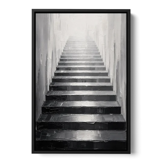 Tall Narrow Wall Art of Stairs Into White Light - Black Framed Canvas Wall Art - Front