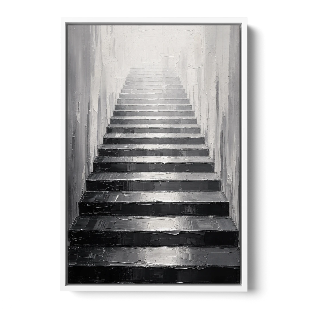 Tall Narrow Wall Art of Stairs Into White Light - White Framed Canvas Wall Art - Front