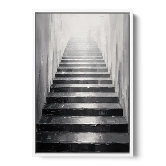 Tall Narrow Wall Art of Stairs Into White Light - White Framed Canvas Wall Art - Front