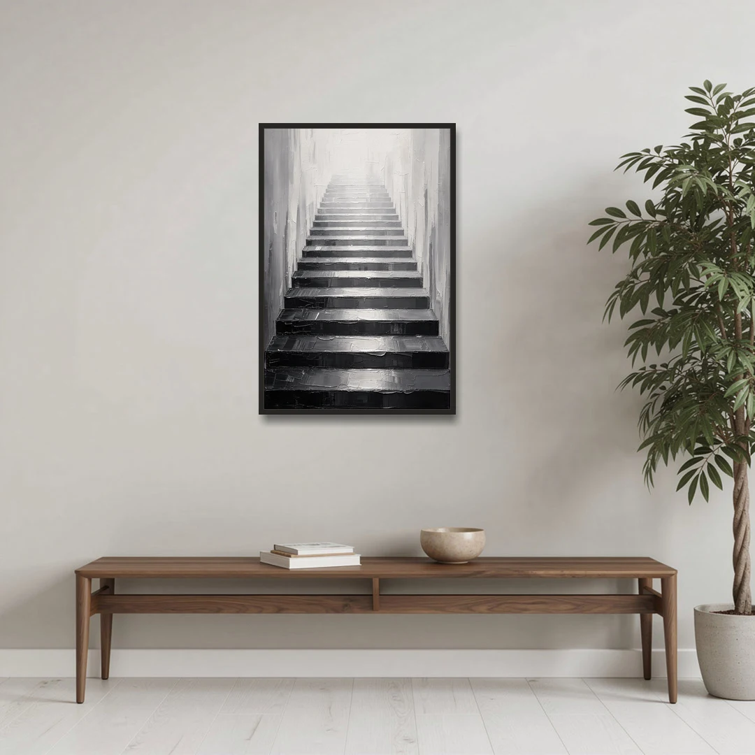 Tall Narrow Wall Art of Stairs Into White Light - Black Framed Canvas Wall Art - Coffee Table - 24x36