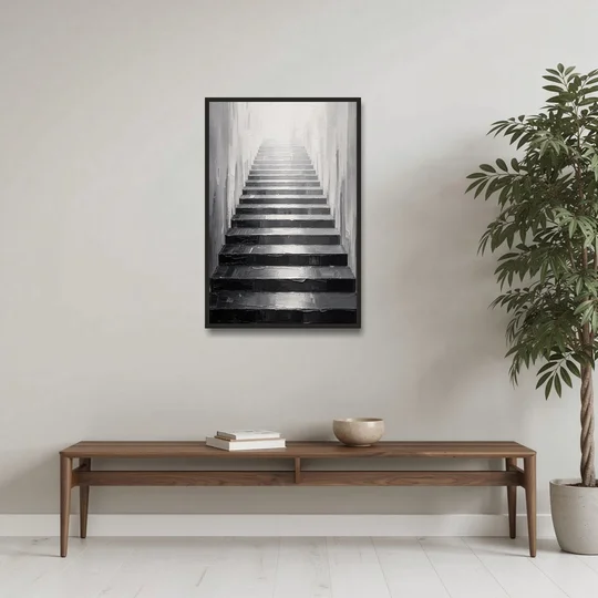 Tall Narrow Wall Art of Stairs Into White Light - Black Framed Canvas Wall Art - Coffee Table - 24x36