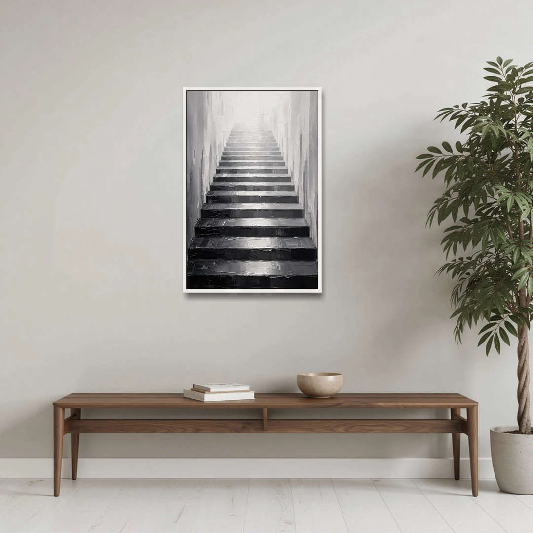 Tall Narrow Wall Art of Stairs Into White Light - White Framed Canvas Wall Art - Coffee Table - 24x36