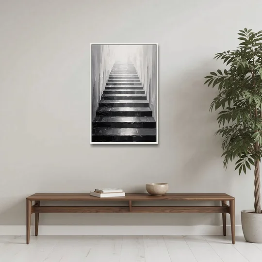 Tall Narrow Wall Art of Stairs Into White Light - White Framed Canvas Wall Art - Coffee Table - 24x36
