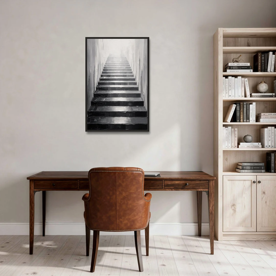 Tall Narrow Wall Art of Stairs Into White Light - Black Framed Canvas Wall Art - Office - 24x36