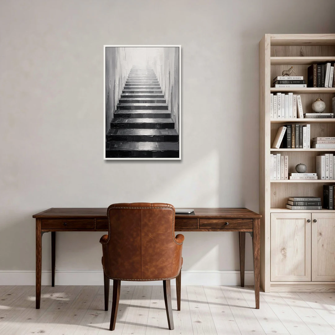 Tall Narrow Wall Art of Stairs Into White Light - White Framed Canvas Wall Art - Office - 24x36