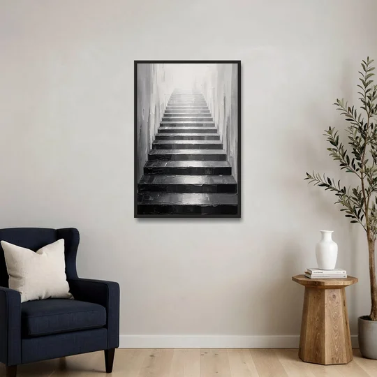 Tall Narrow Wall Art of Stairs Into White Light - Black Framed Canvas Wall Art - Sofa - 24x36