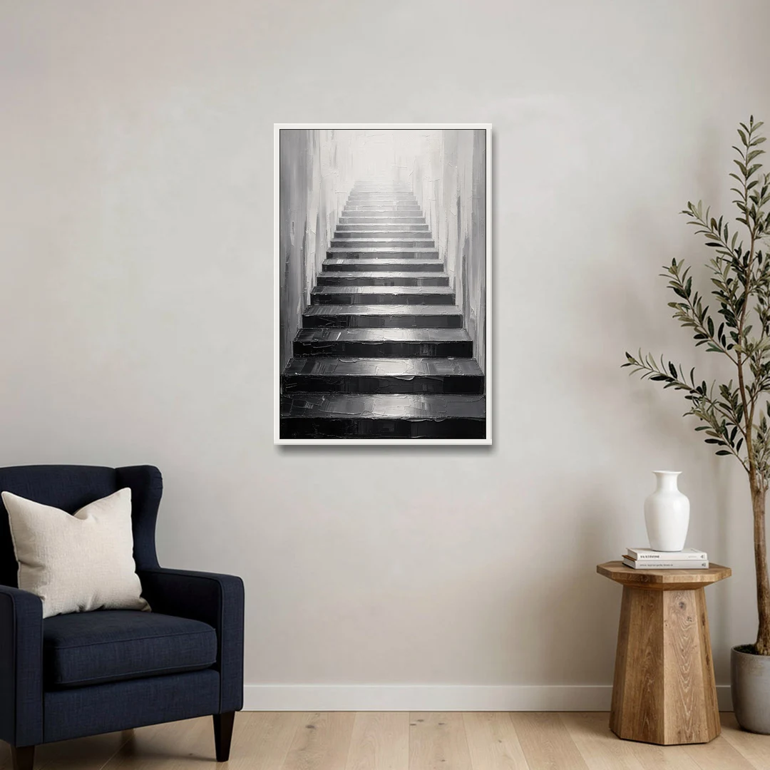 Tall Narrow Wall Art of Stairs Into White Light - White Framed Canvas Wall Art - Sofa - 24x36