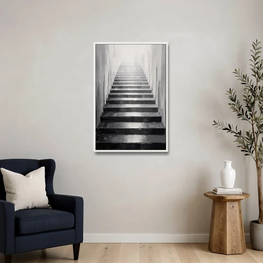 Tall Narrow Wall Art of Stairs Into White Light - White Framed Canvas Wall Art - Sofa - 24x36