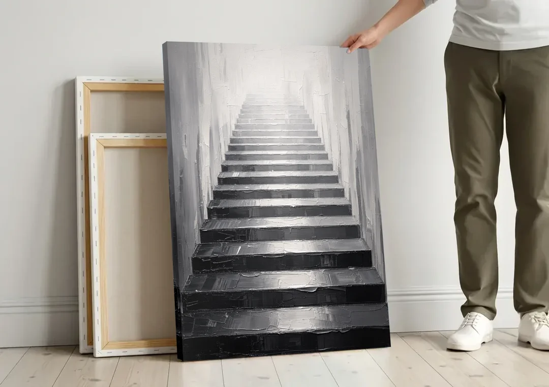Tall Narrow Wall Art of Stairs Into White Light canvas wall art leaning against a wall next to blank canvases