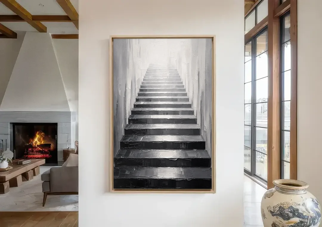 Tall Narrow Wall Art of Stairs Into White Light canvas wall art in a living room with a fireplace