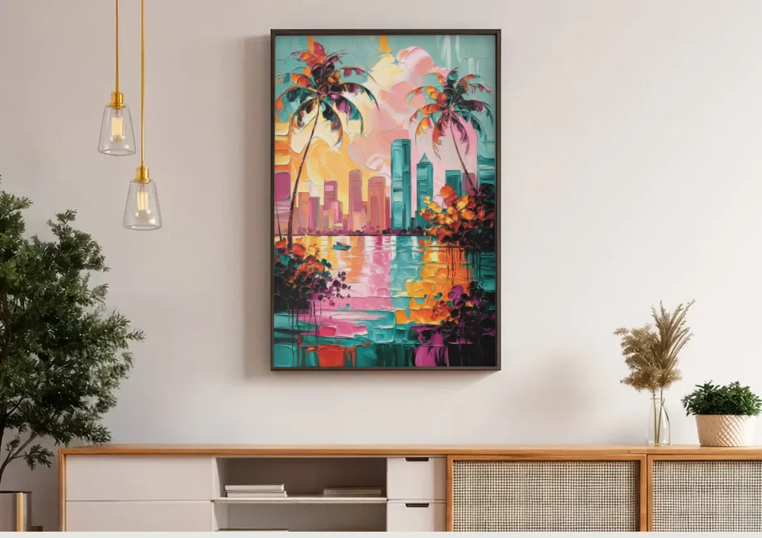 Tampa Bay Coastal Charm canvas wall art above a wooden sideboard under pendant lights