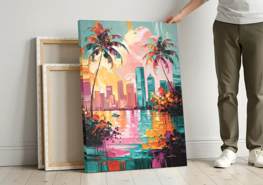 Tampa Bay Coastal Charm canvas wall art leaning against a wall next to blank canvases