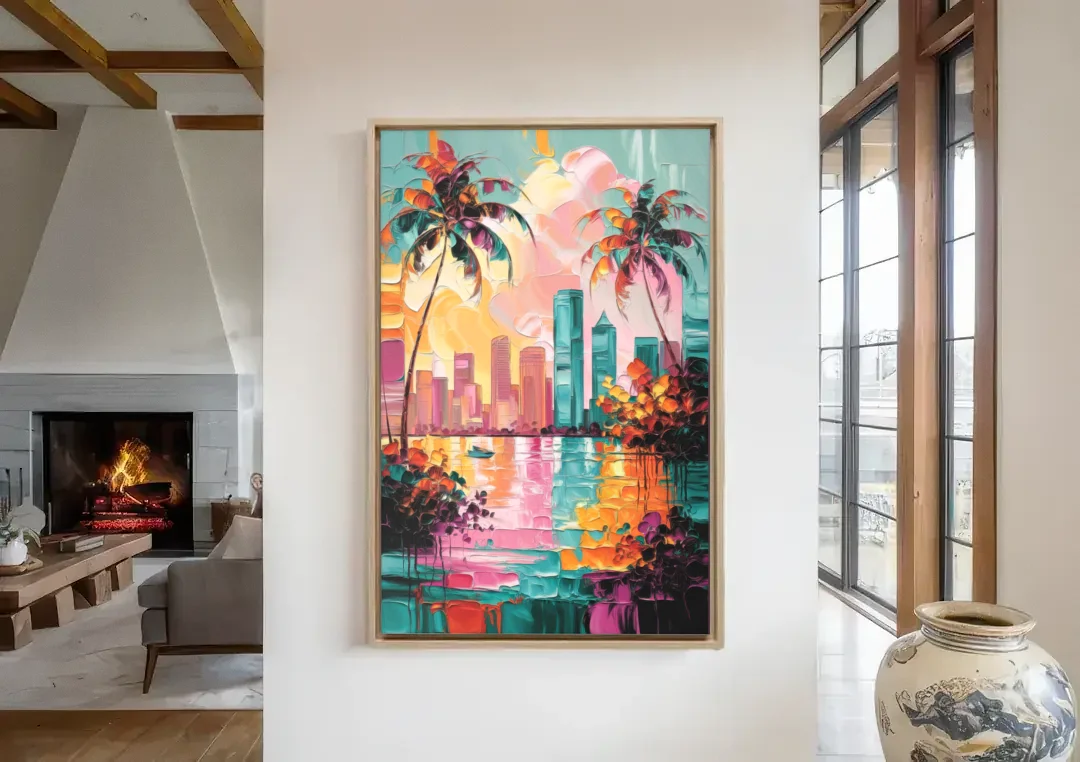 Tampa Bay Coastal Charm canvas wall art in a living room with a fireplace
