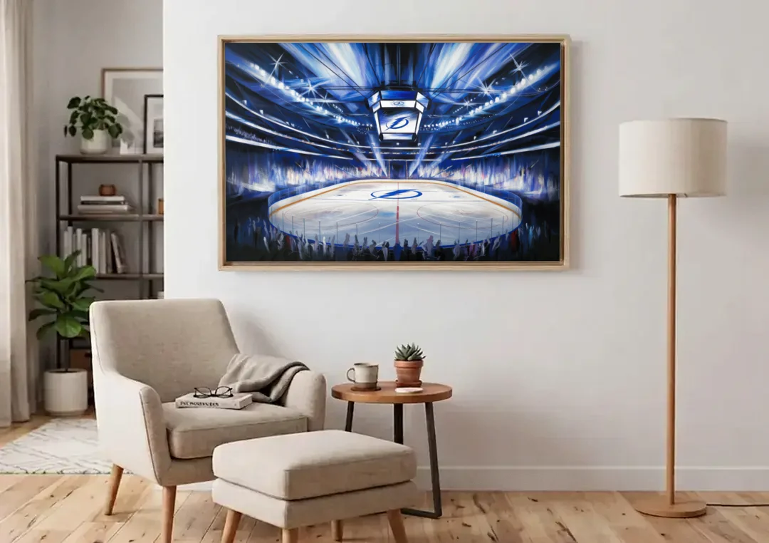 Tampa Bay Lightning Arena Lights canvas wall art above an armchair in a bright living room