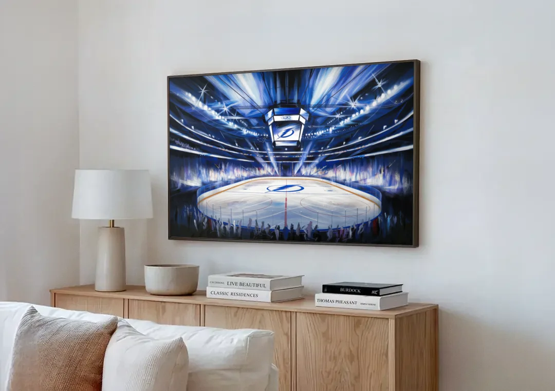 Tampa Bay Lightning Arena Lights canvas wall art above a wooden sideboard next to a sofa