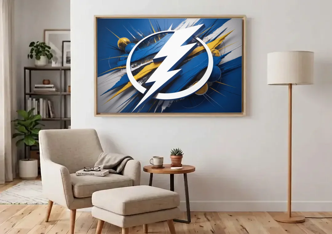 Tampa Bay Lightning Inspired Abstract Lightning Bolt Artwork canvas wall art above an armchair in a bright living room