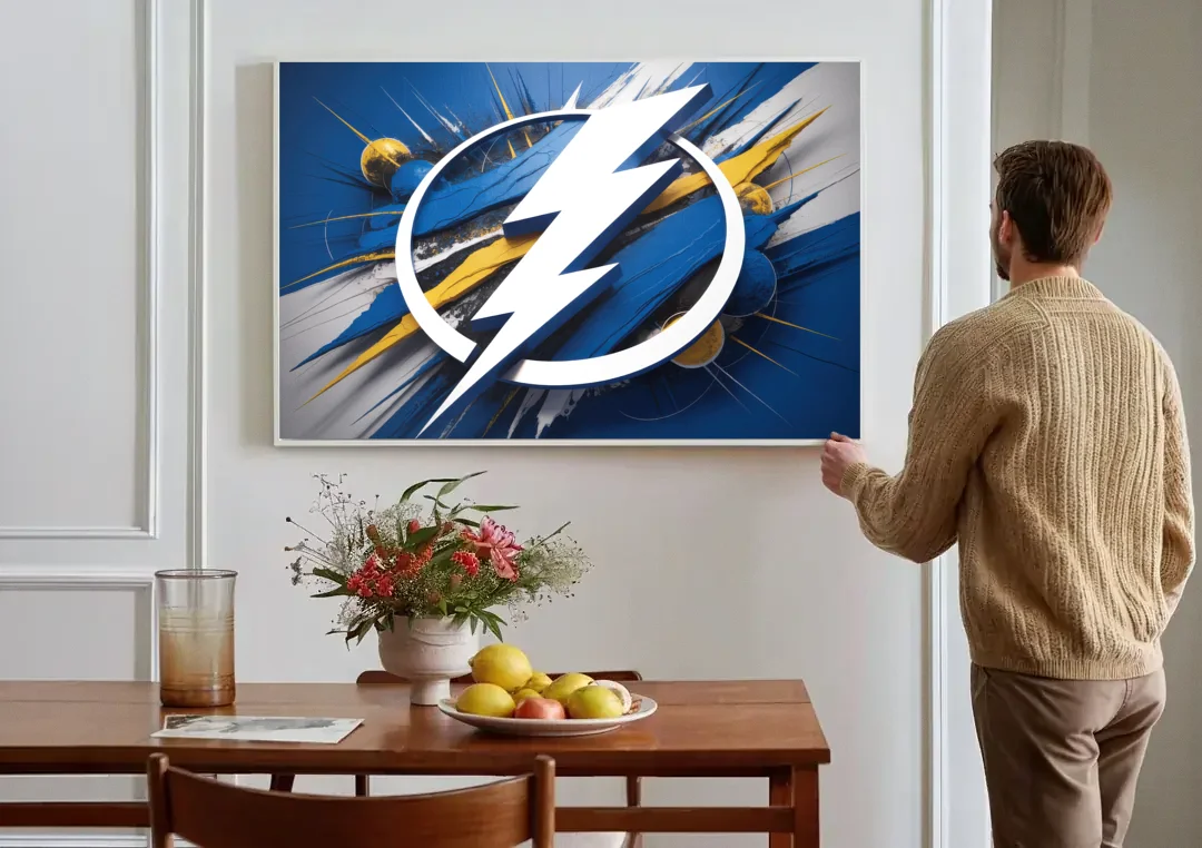 Tampa Bay Lightning Inspired Abstract Lightning Bolt Artwork canvas wall art above a dining table