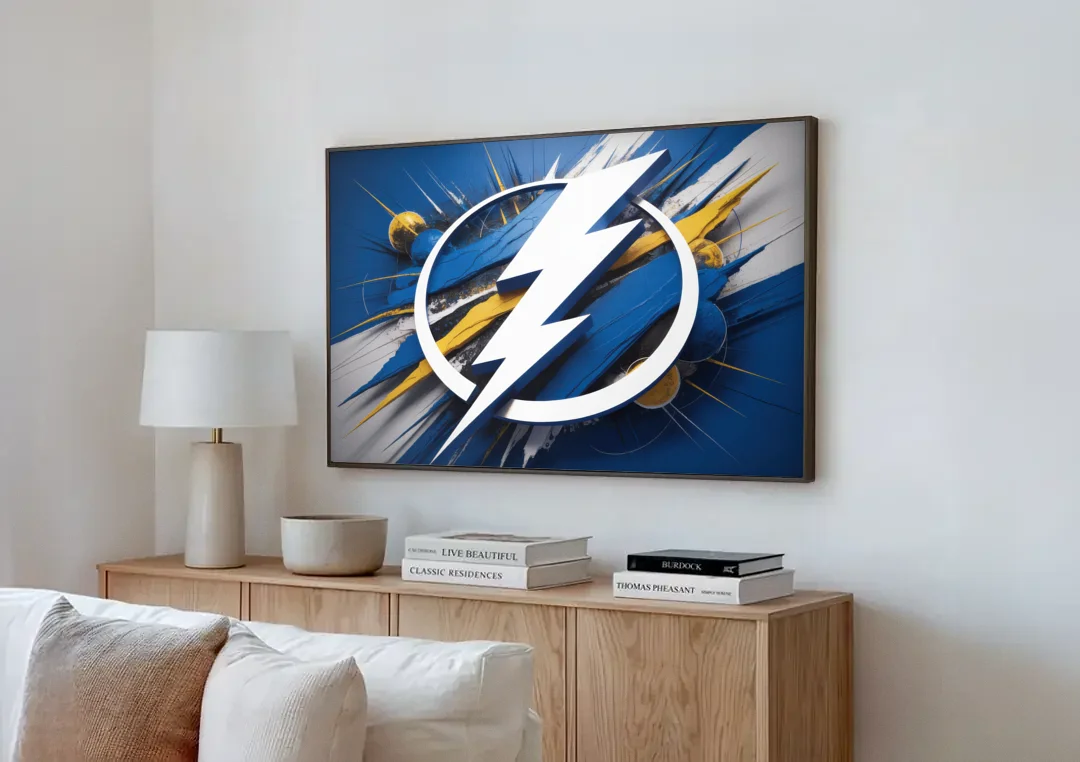Tampa Bay Lightning Inspired Abstract Lightning Bolt Artwork canvas wall art above a wooden sideboard next to a sofa