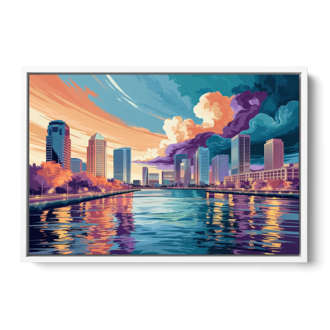 Tampa Bay Skyline Panorama - White Framed Canvas Wall Art - Front