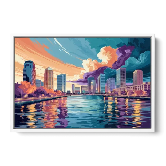Tampa Bay Skyline Panorama - White Framed Canvas Wall Art - Front