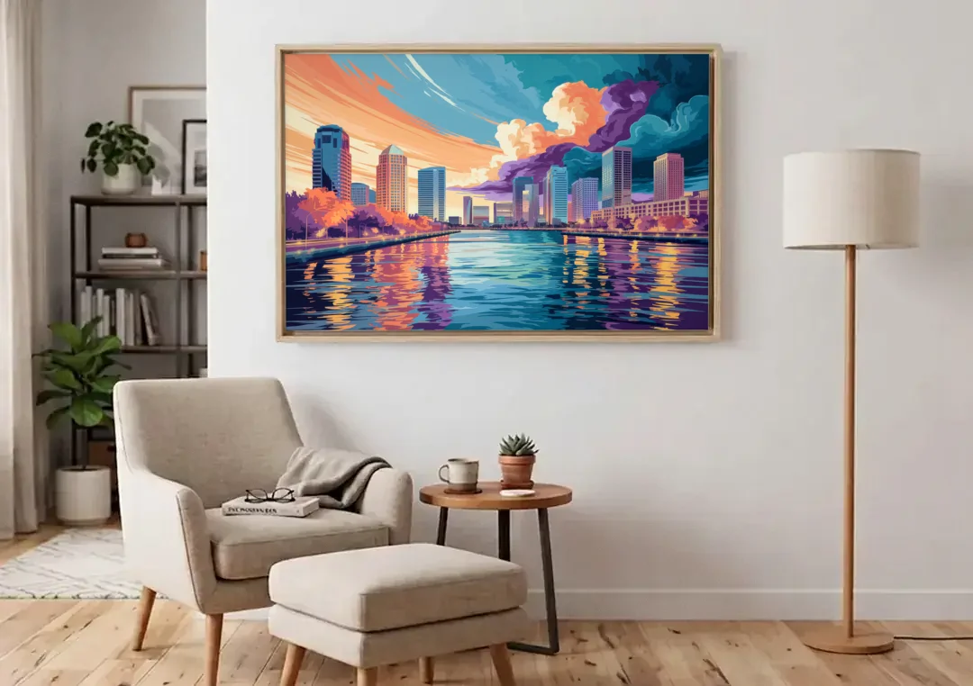 Tampa Bay Skyline Panorama canvas wall art above an armchair in a bright living room