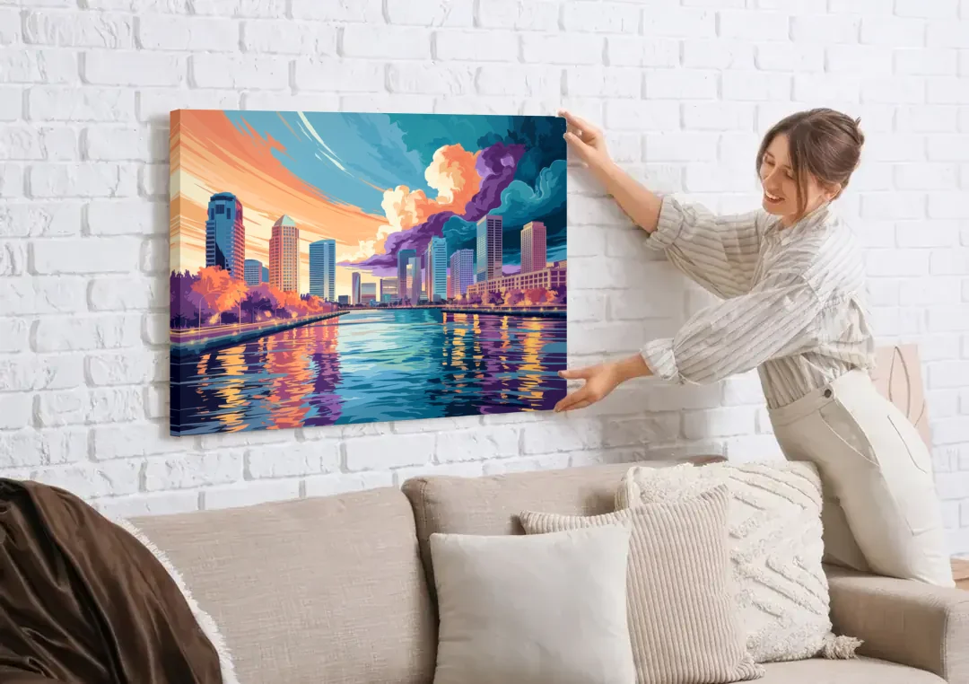 Tampa Bay Skyline Panorama canvas wall art being hung on a white brick wall above a sofa