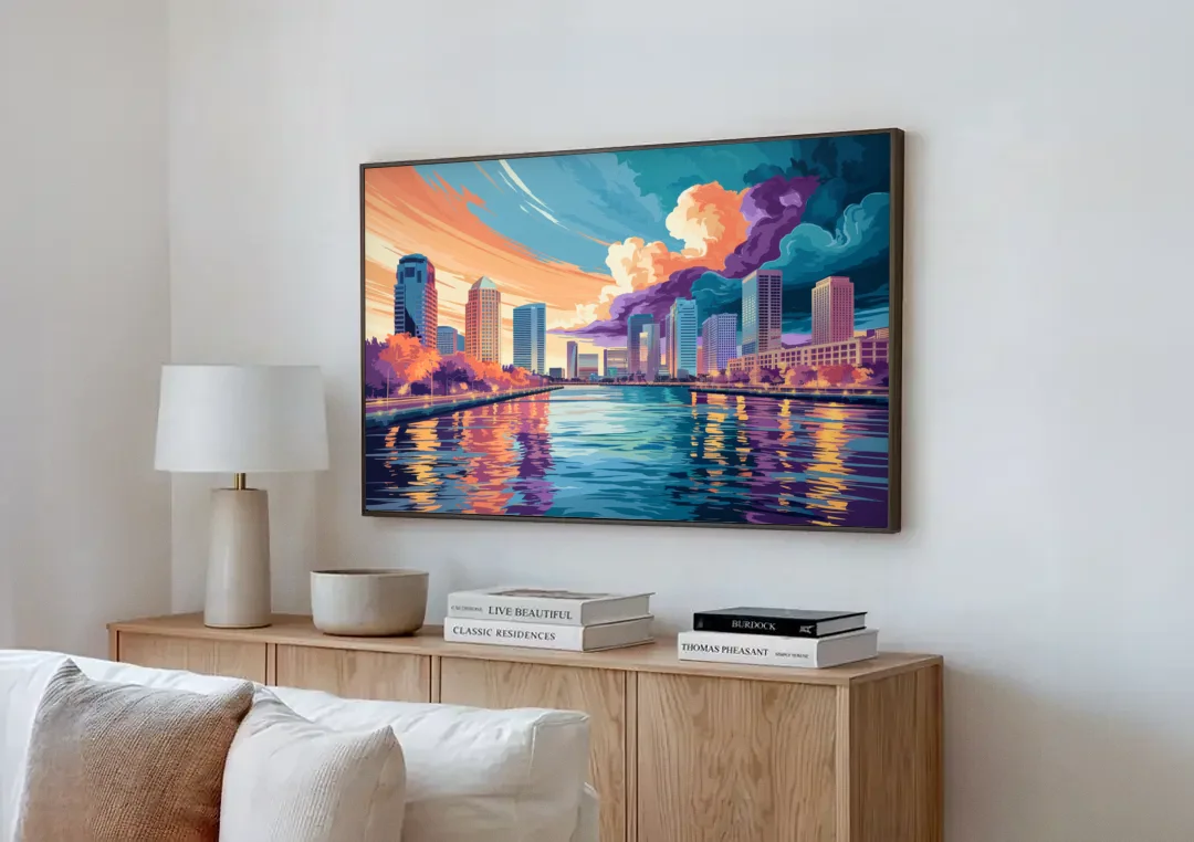Tampa Bay Skyline Panorama canvas wall art above a wooden sideboard next to a sofa