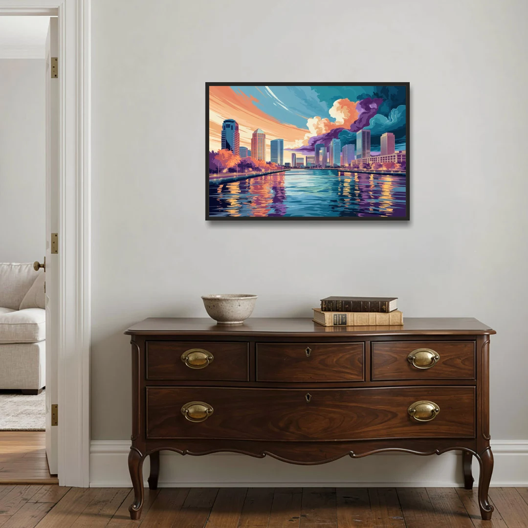 Tampa Bay Skyline Panorama - Black Framed Canvas Wall Art - Coffee Table - 36x24