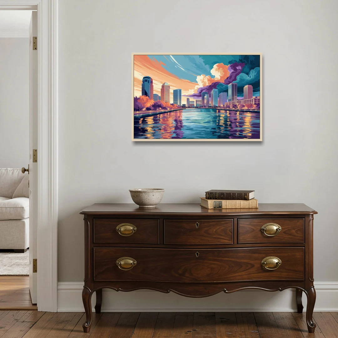 Tampa Bay Skyline Panorama - Oak Framed Canvas Wall Art - Coffee Table - 36x24
