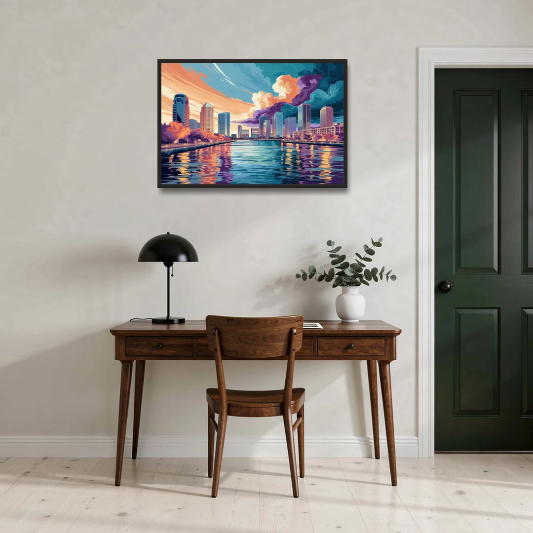 Tampa Bay Skyline Panorama - Black Framed Canvas Wall Art - Office - 36x24