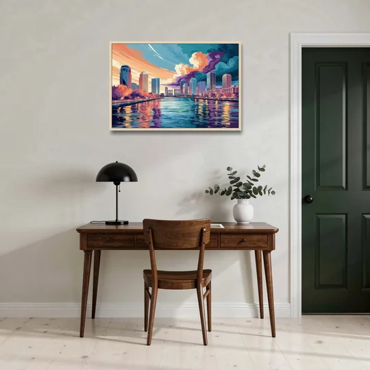 Tampa Bay Skyline Panorama - Oak Framed Canvas Wall Art - Office - 36x24