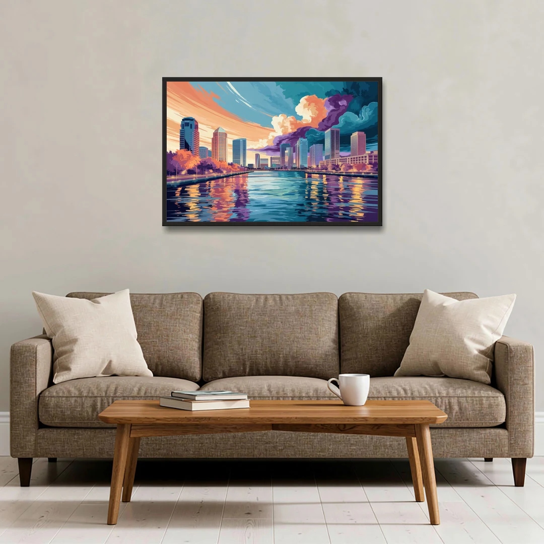 Tampa Bay Skyline Panorama - Black Framed Canvas Wall Art - Sofa - 36x24