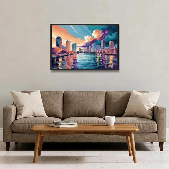 Tampa Bay Skyline Panorama - Black Framed Canvas Wall Art - Sofa - 36x24