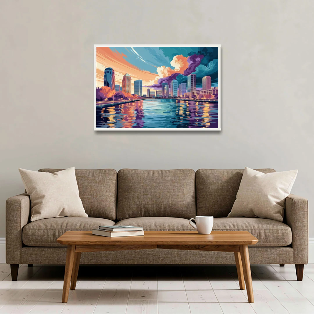 Tampa Bay Skyline Panorama - White Framed Canvas Wall Art - Sofa - 36x24