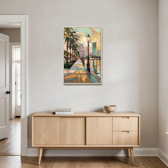 Tampa Bayshore Boulevard Scene - Oak Framed Canvas Wall Art - Coffee Table - 24x36