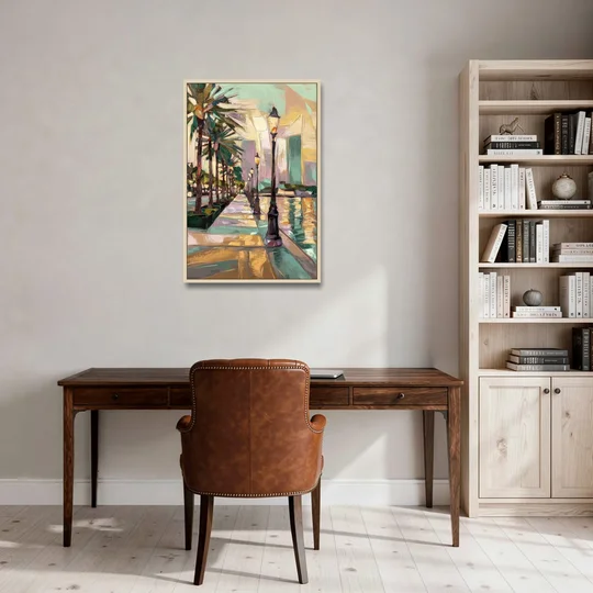 Tampa Bayshore Boulevard Scene - Oak Framed Canvas Wall Art - Office - 24x36