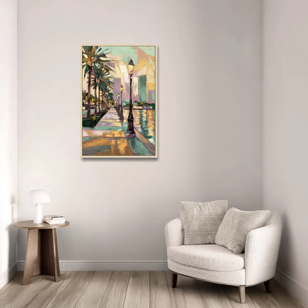 Tampa Bayshore Boulevard Scene - Oak Framed Canvas Wall Art - Sofa - 24x36