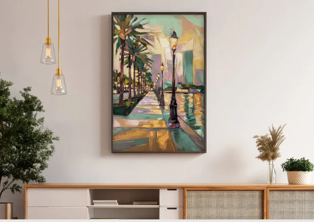 Tampa Bayshore Boulevard Scene canvas wall art above a wooden sideboard under pendant lights