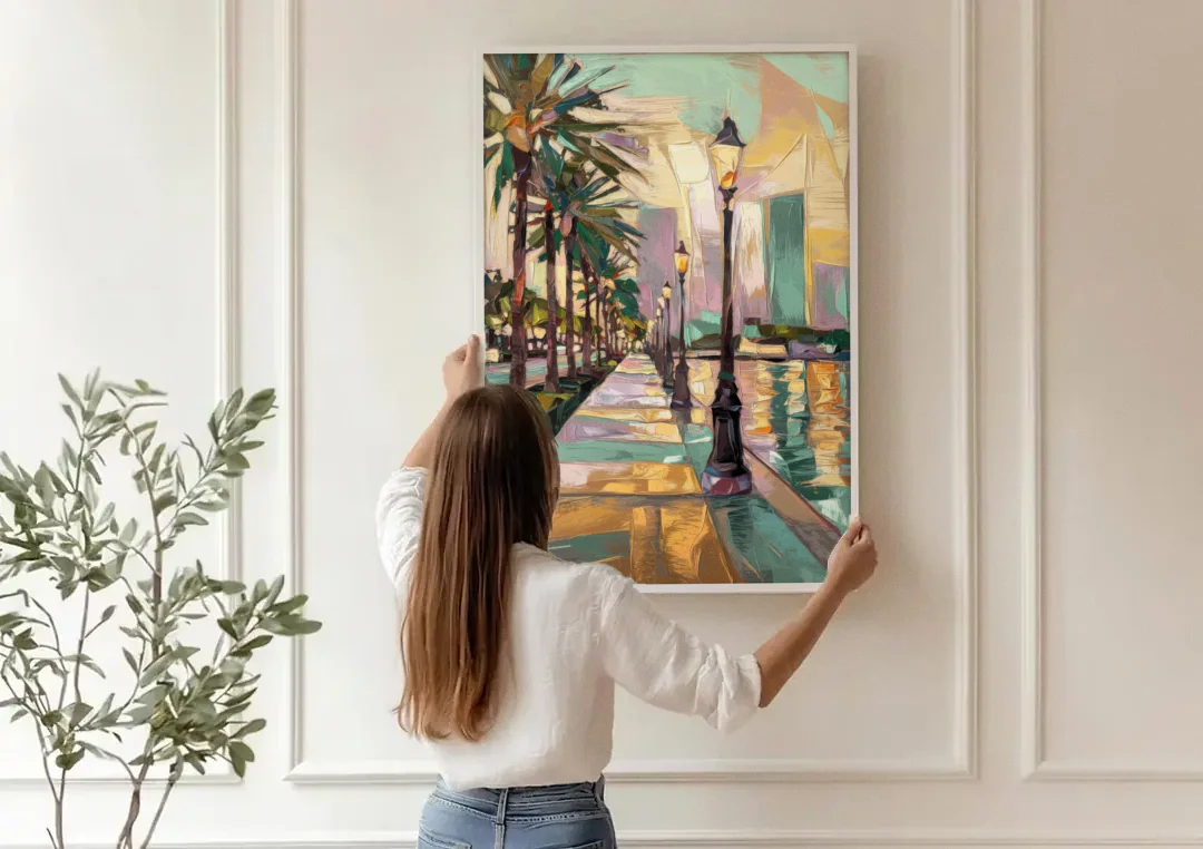 Tampa Bayshore Boulevard Scene canvas wall art being hung on a paneled wall