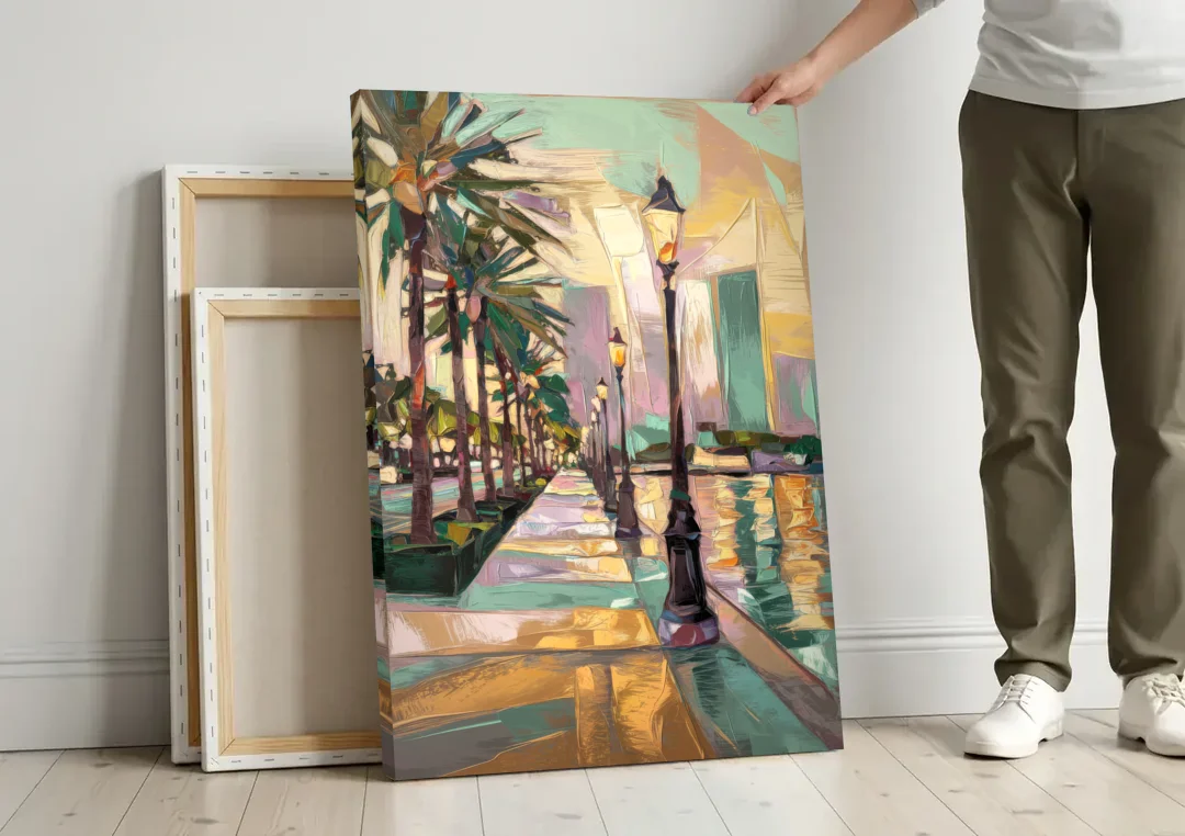 Tampa Bayshore Boulevard Scene canvas wall art leaning against a wall next to blank canvases