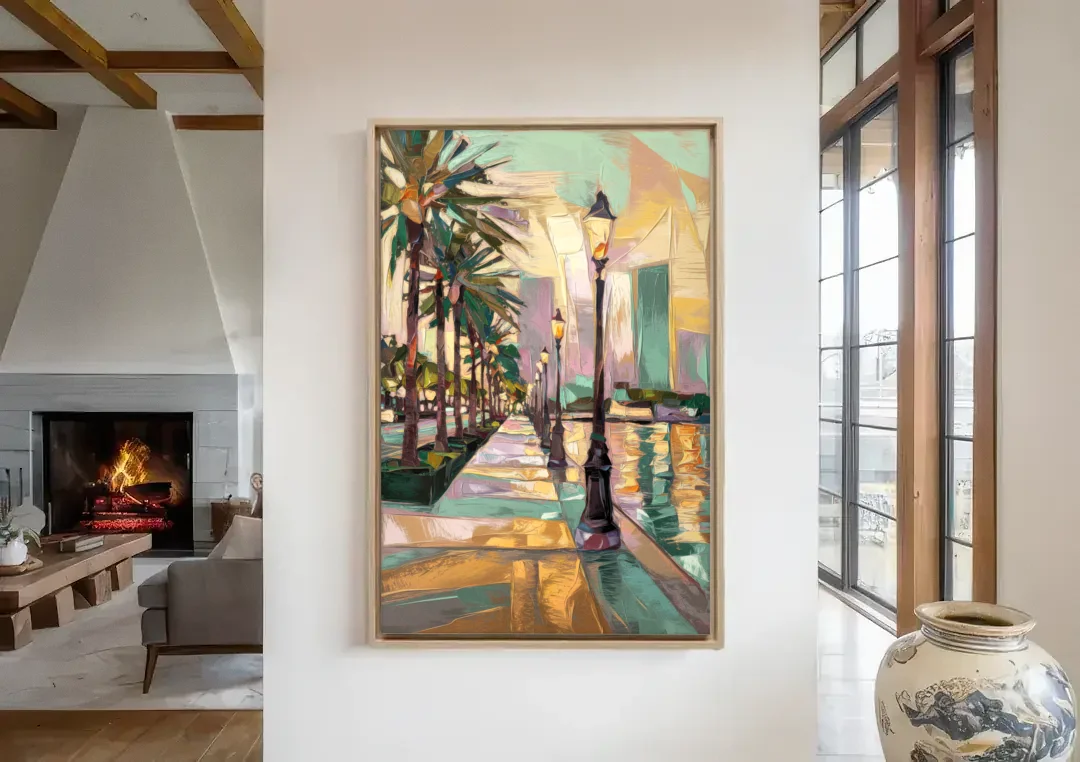 Tampa Bayshore Boulevard Scene canvas wall art in a living room with a fireplace