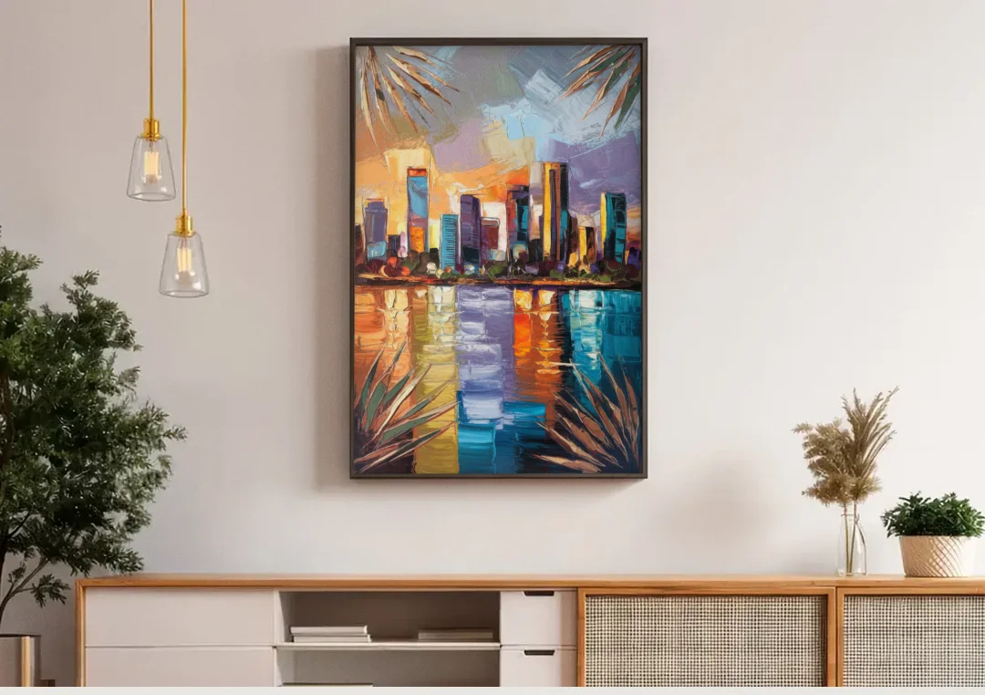 Tampa Downtown Harbor canvas wall art above a wooden sideboard under pendant lights