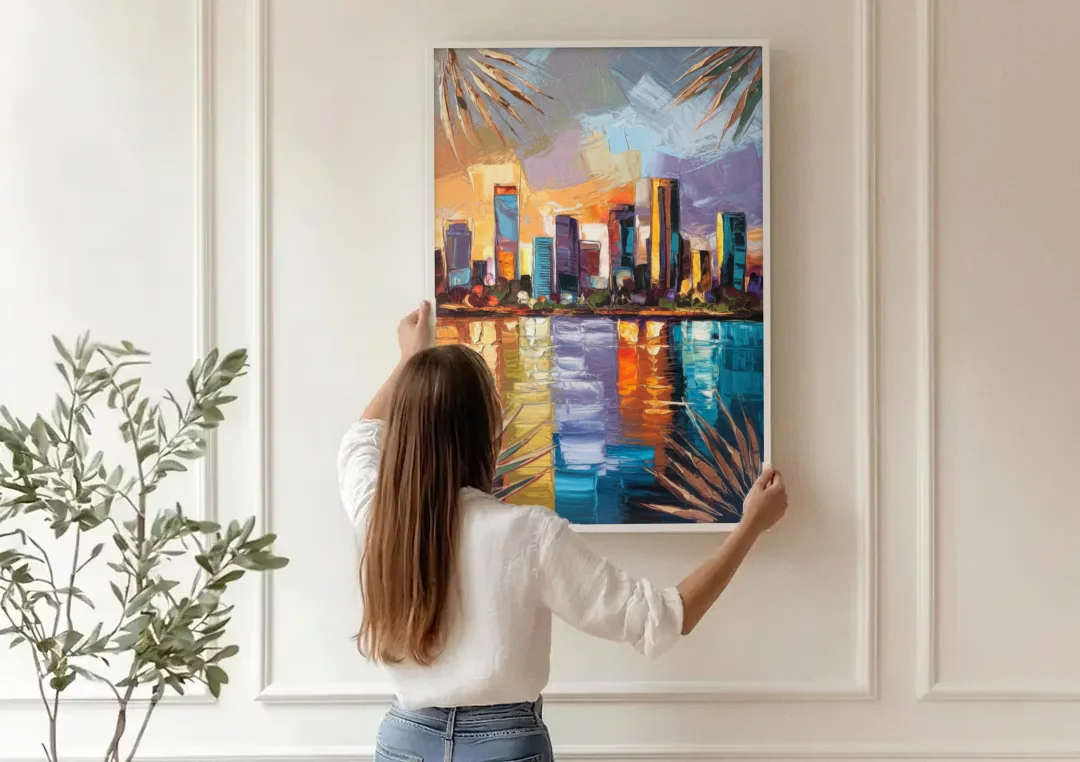 Tampa Downtown Harbor canvas wall art being hung on a paneled wall