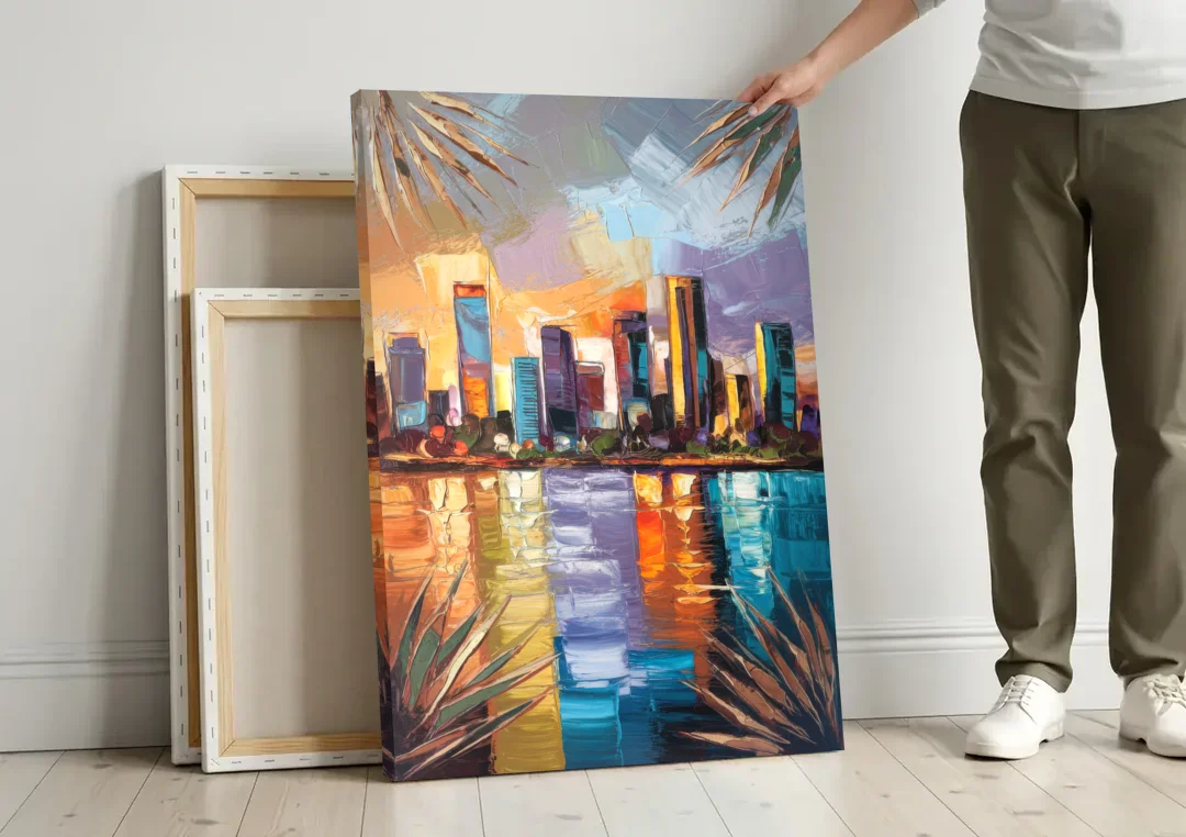 Tampa Downtown Harbor canvas wall art leaning against a wall next to blank canvases