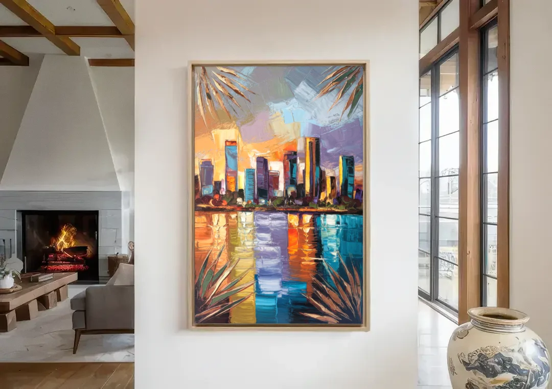 Tampa Downtown Harbor canvas wall art in a living room with a fireplace