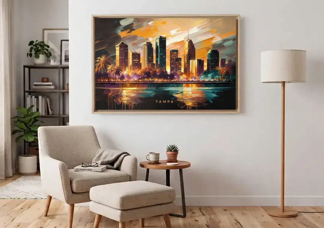 Tampa Modern Downtown View canvas wall art above an armchair in a bright living room