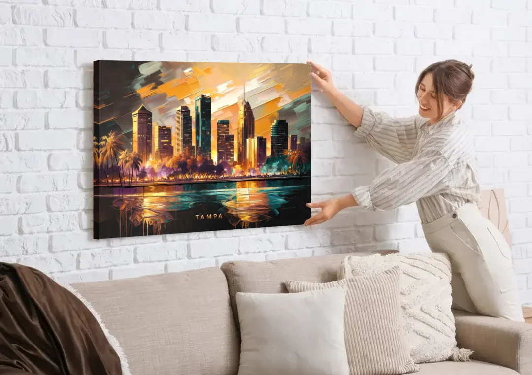 Tampa Modern Downtown View canvas wall art being hung on a white brick wall above a sofa