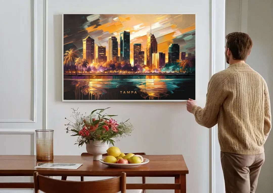 Tampa Modern Downtown View canvas wall art above a dining table