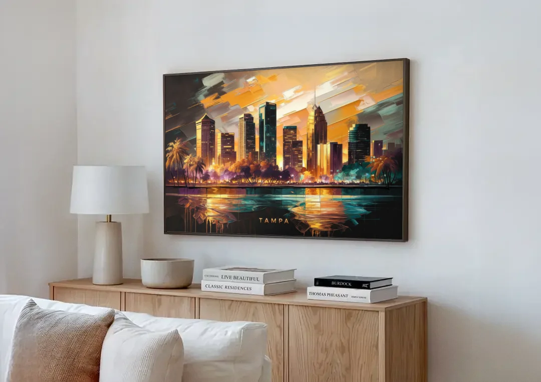 Tampa Modern Downtown View canvas wall art above a wooden sideboard next to a sofa